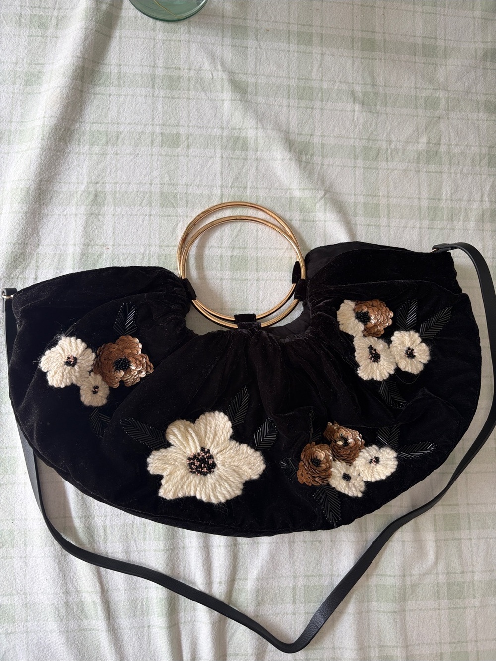 By Anthropology Black Floral Embroidered Velvet Handbag with Gold Hoop Handles